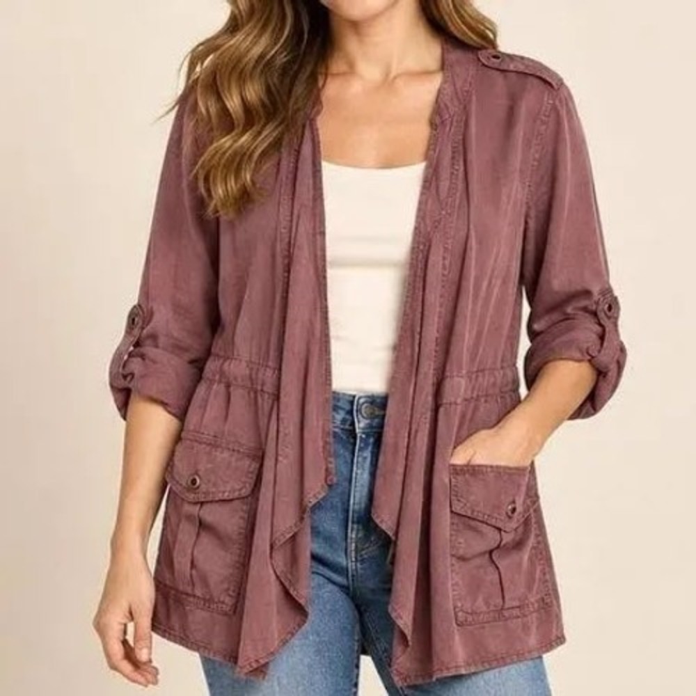 Knox Rose Women Mauve Draped Open Front Utility Jacket Drawstring Waist Large